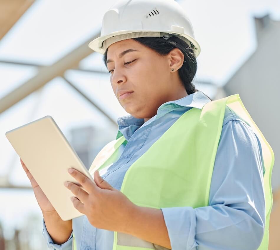Blue collar field worker reporting on tablet